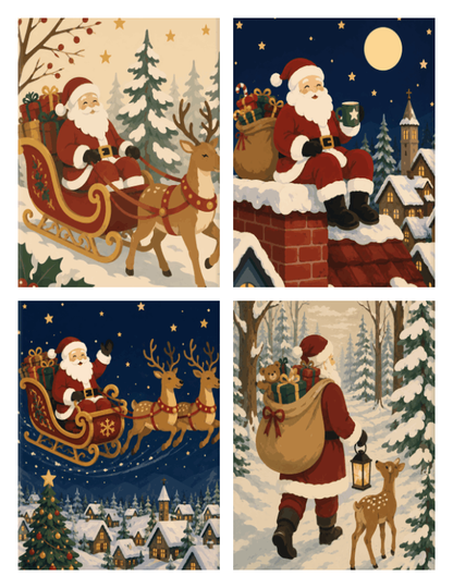 Coffret de 4 peintures par numéro Tournée Nocturne du Père Noël, les mini-toiles à plat, Maison Artsen