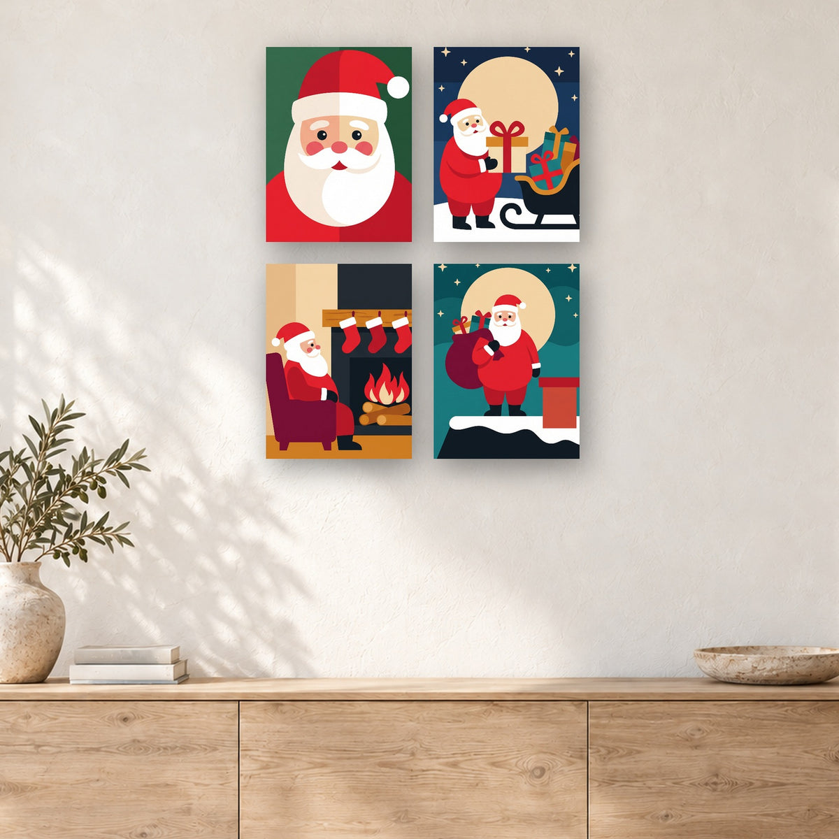 Coffret de 4 peintures par numéro Père Noël en Aplats, mini-toiles présentées au mur, Maison Artsen