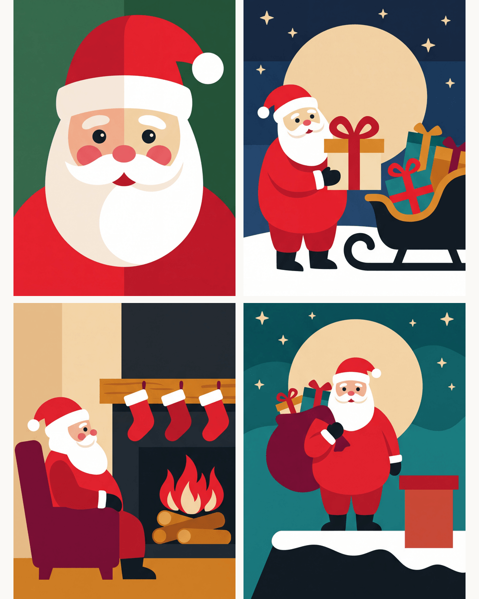 Coffret de 4 peintures par numéro Père Noël en Aplats, les mini-toiles à plat, Maison Artsen