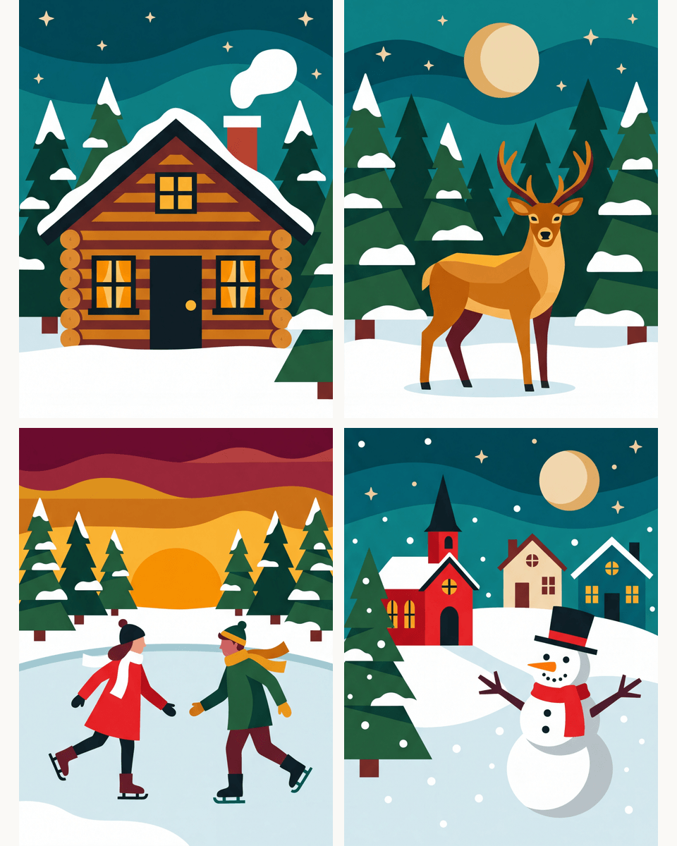 Coffret de 4 peintures par numéro Chalet, Cerf et Patineurs, les mini-toiles à plat, Maison Artsen