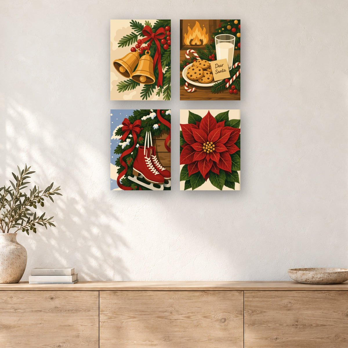 Coffret de 4 peintures par numéro Cloches, Patins et Poinsettia, mini-toiles présentées au mur, Maison Artsen