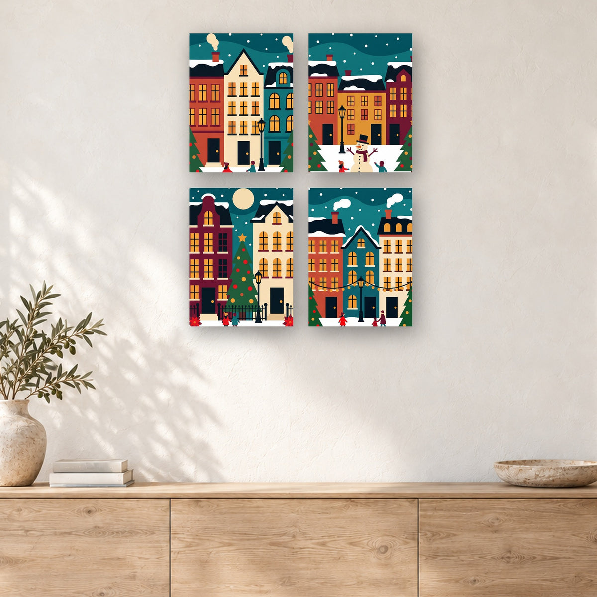 Coffret de 4 peintures par numéro Maisons de Ville Enneigées, mini-toiles présentées au mur, Maison Artsen