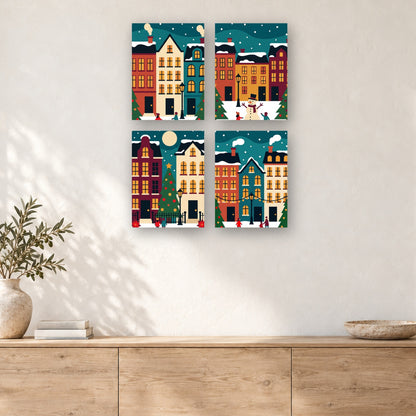 Coffret de 4 peintures par numéro Maisons de Ville Enneigées, mini-toiles présentées au mur, Maison Artsen