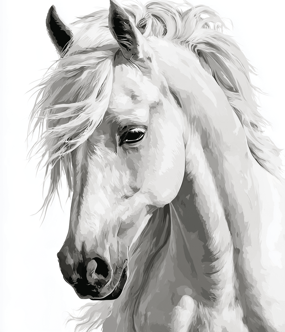 Peinture par numéro adulte Cheval Blanc de Profil, visuel complet du design sur toile, Maison Artsen