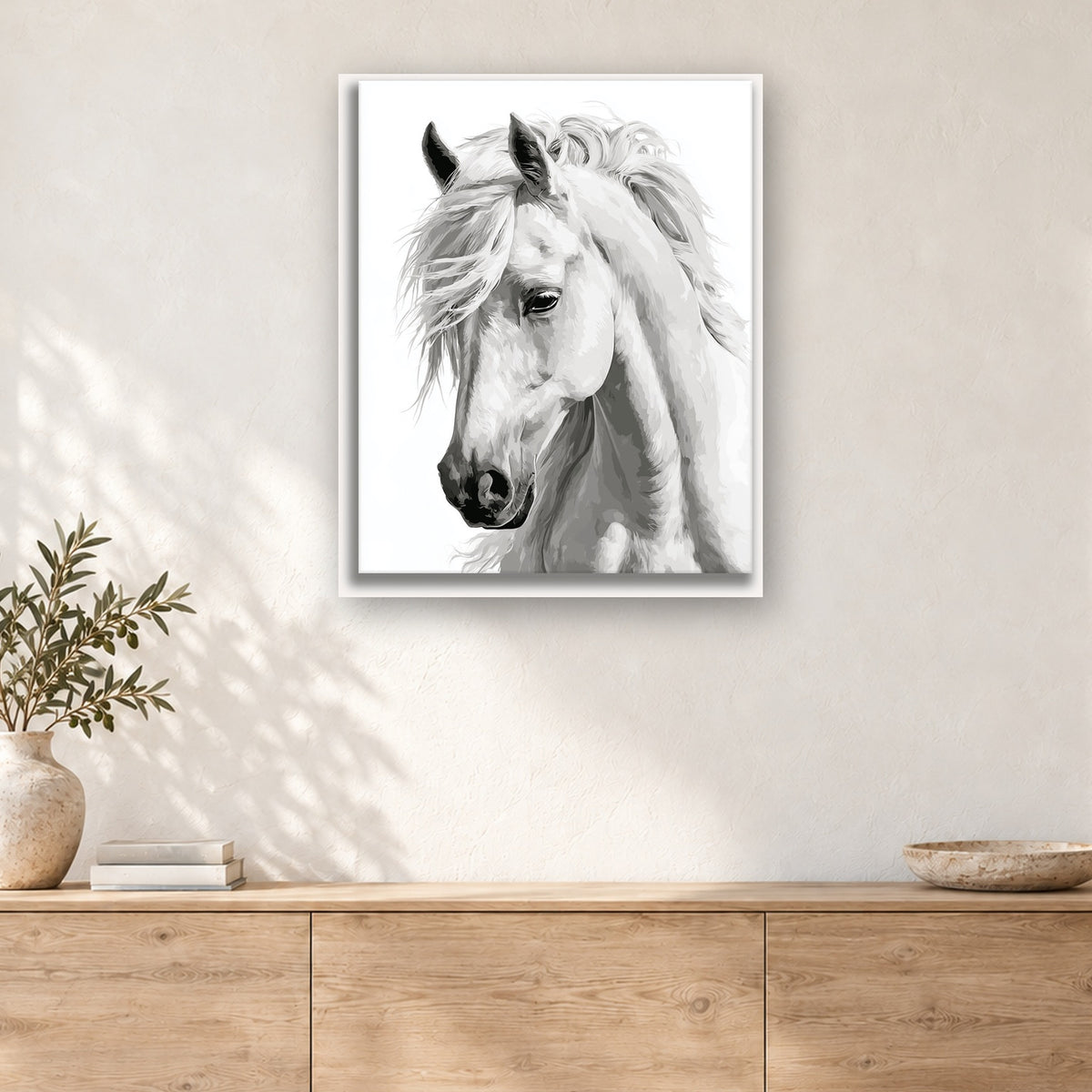 Tableau peinture par numéro Cheval Blanc de Profil accroché dans un intérieur décoré, Maison Artsen