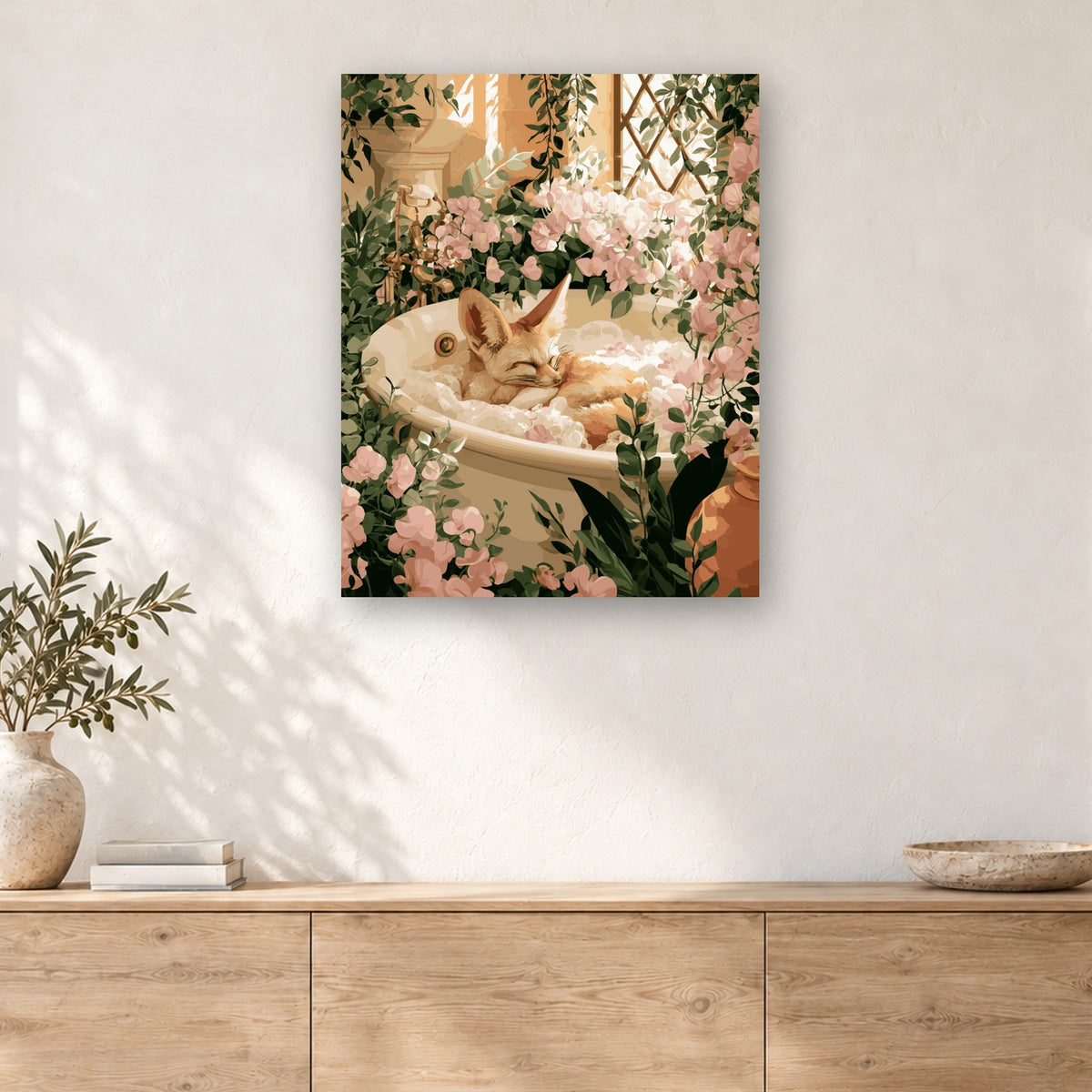 Tableau peinture par numéro Renard au Bain Moussant accroché dans un intérieur décoré, Maison Artsen
