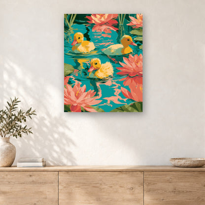 Tableau peinture par numéro Canetons sur l'Étang accroché dans un intérieur décoré, Maison Artsen