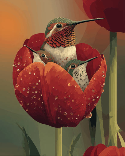Peinture par numéro adulte Colibris dans la Tulipe, visuel complet du design sur toile, Maison Artsen