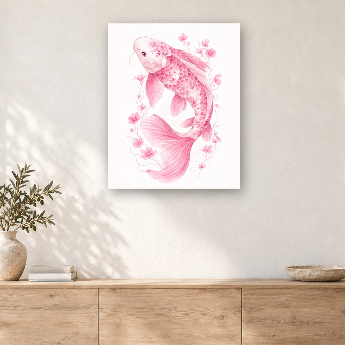 Tableau peinture par numéro Carpe Rose Porcelaine accroché dans un intérieur décoré, Maison Artsen