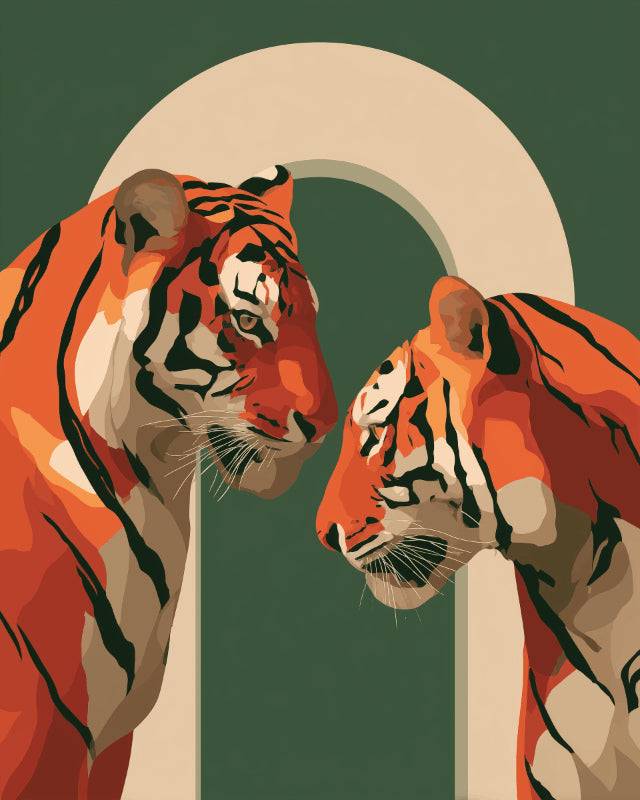 Peinture par numéro adulte Tigres sous l'Arche, visuel complet du design sur toile, Maison Artsen