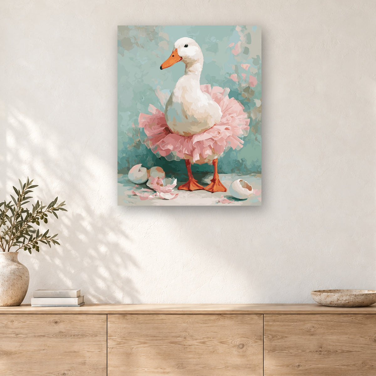 Tableau peinture par numéro Cane en Tutu Rose accroché dans un intérieur décoré, Maison Artsen