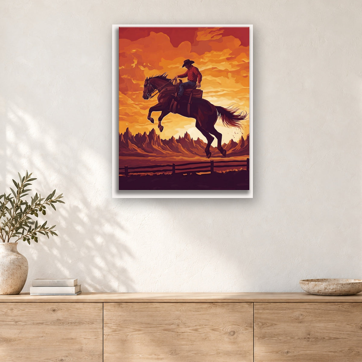 Tableau peinture par numéro Rodéo au Crépuscule accroché dans un intérieur décoré, Maison Artsen