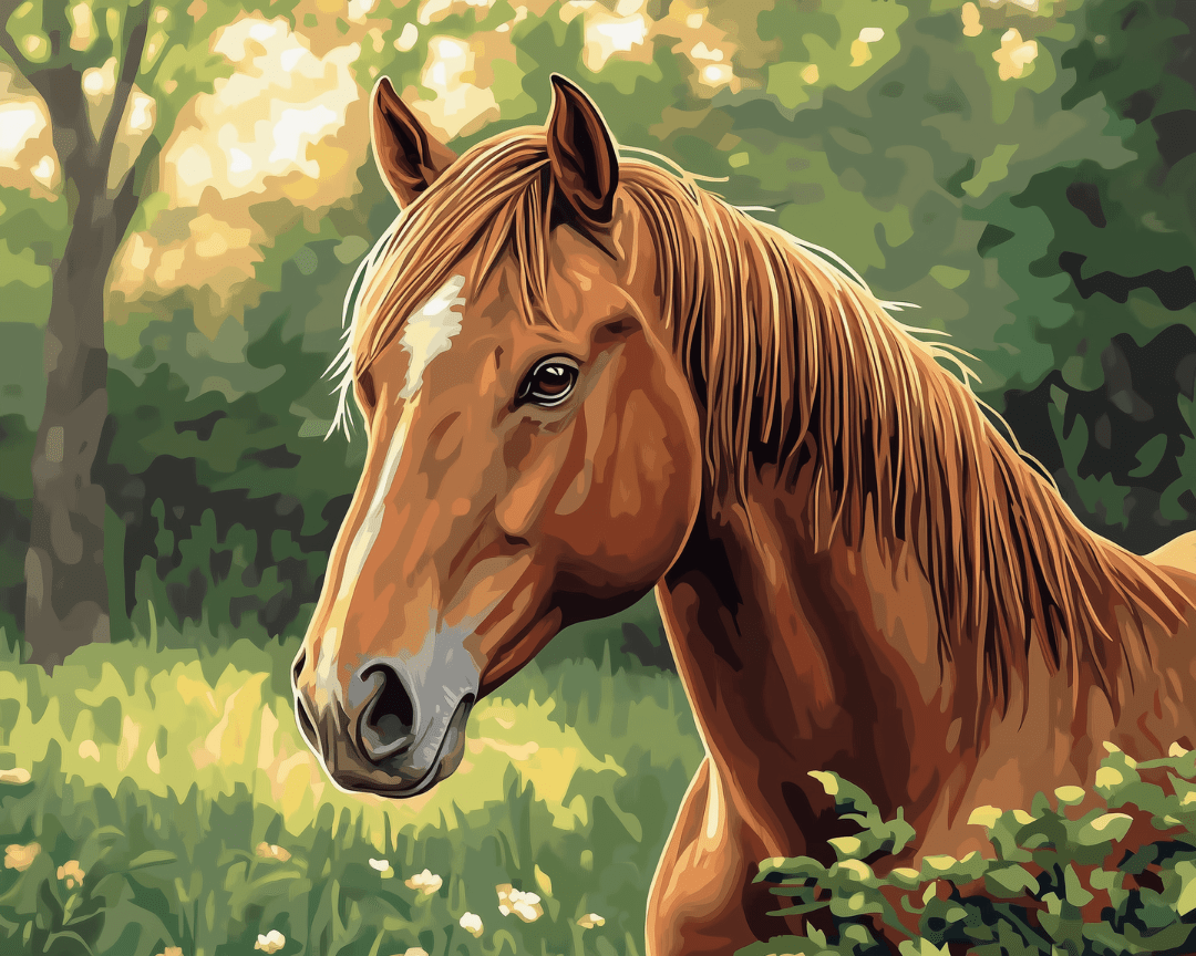 Peinture par numéro adulte Cheval Alezan au Pré, visuel complet du design sur toile, Maison Artsen