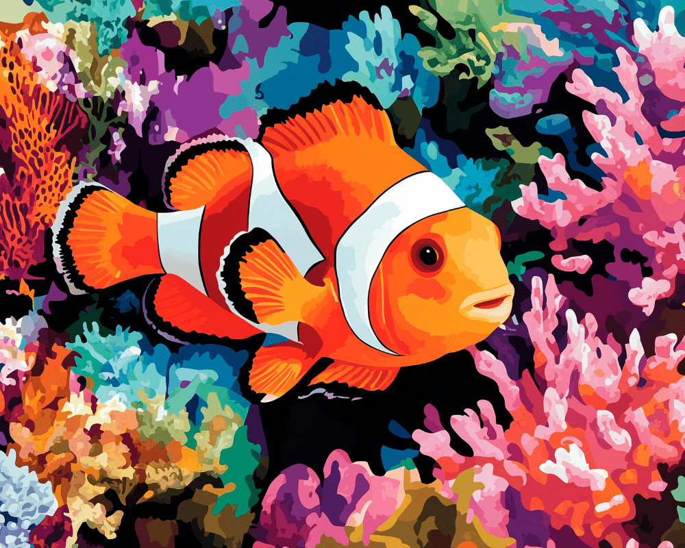 Peinture par numéro adulte Poisson-Clown et Corail, visuel complet du design sur toile, Maison Artsen