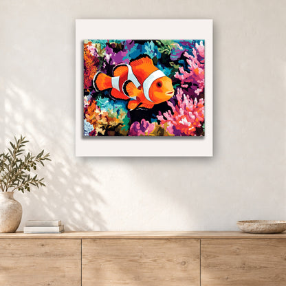 Tableau peinture par numéro Poisson-Clown et Corail accroché dans un intérieur décoré, Maison Artsen
