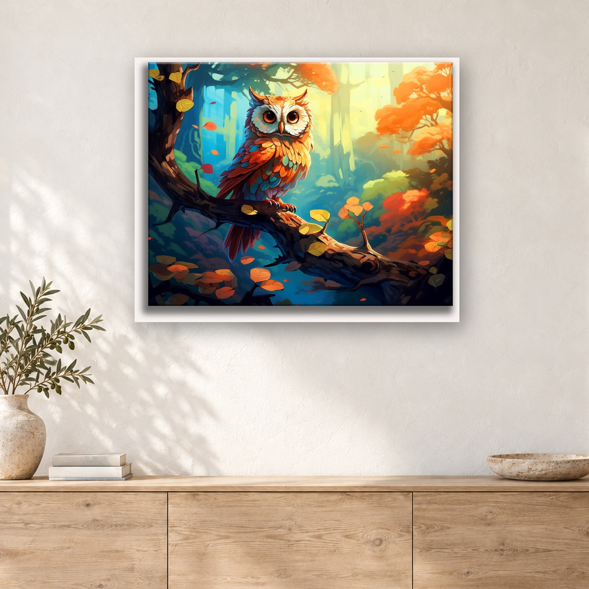Tableau peinture par numéro Hibou de la Forêt d'Automne accroché dans un intérieur décoré, Maison Artsen