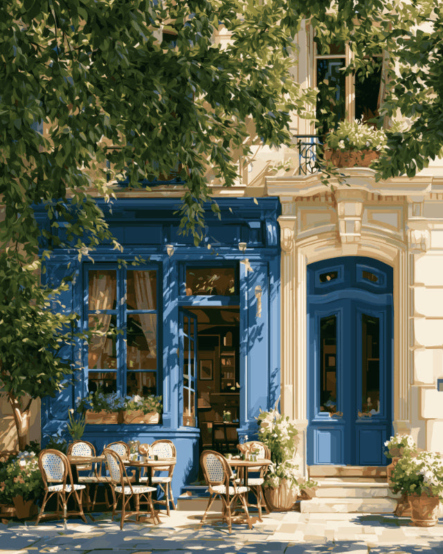 Peinture par numéro adulte Terrasse du Café Bleu, visuel complet du design sur toile, Maison Artsen