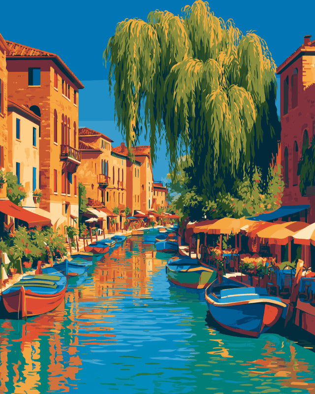 Peinture par numéro adulte Saule au Bord du Canal, visuel complet du design sur toile, Maison Artsen