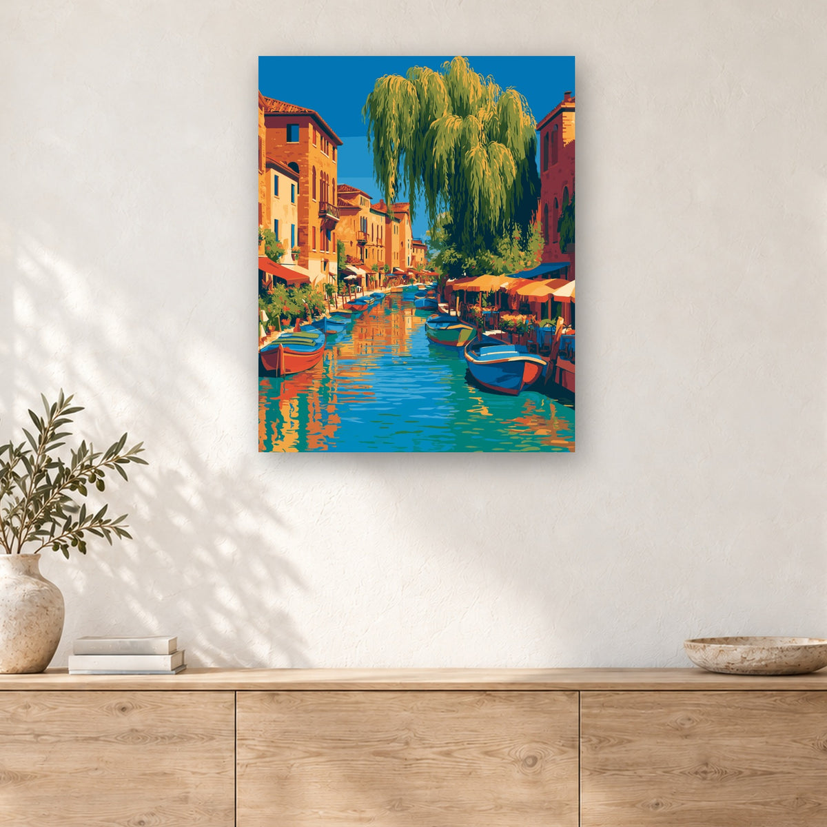 Tableau peinture par numéro Saule au Bord du Canal accroché dans un intérieur décoré, Maison Artsen