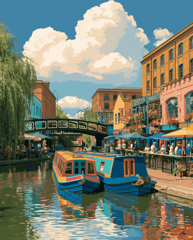 Peinture par numéro adulte Péniches de Camden, visuel complet du design sur toile, Maison Artsen