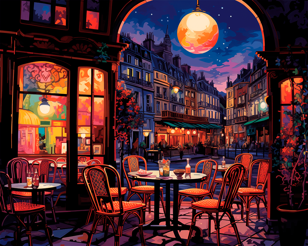 Peinture par numéro adulte Terrasse au Clair de Lune, visuel complet du design sur toile, Maison Artsen