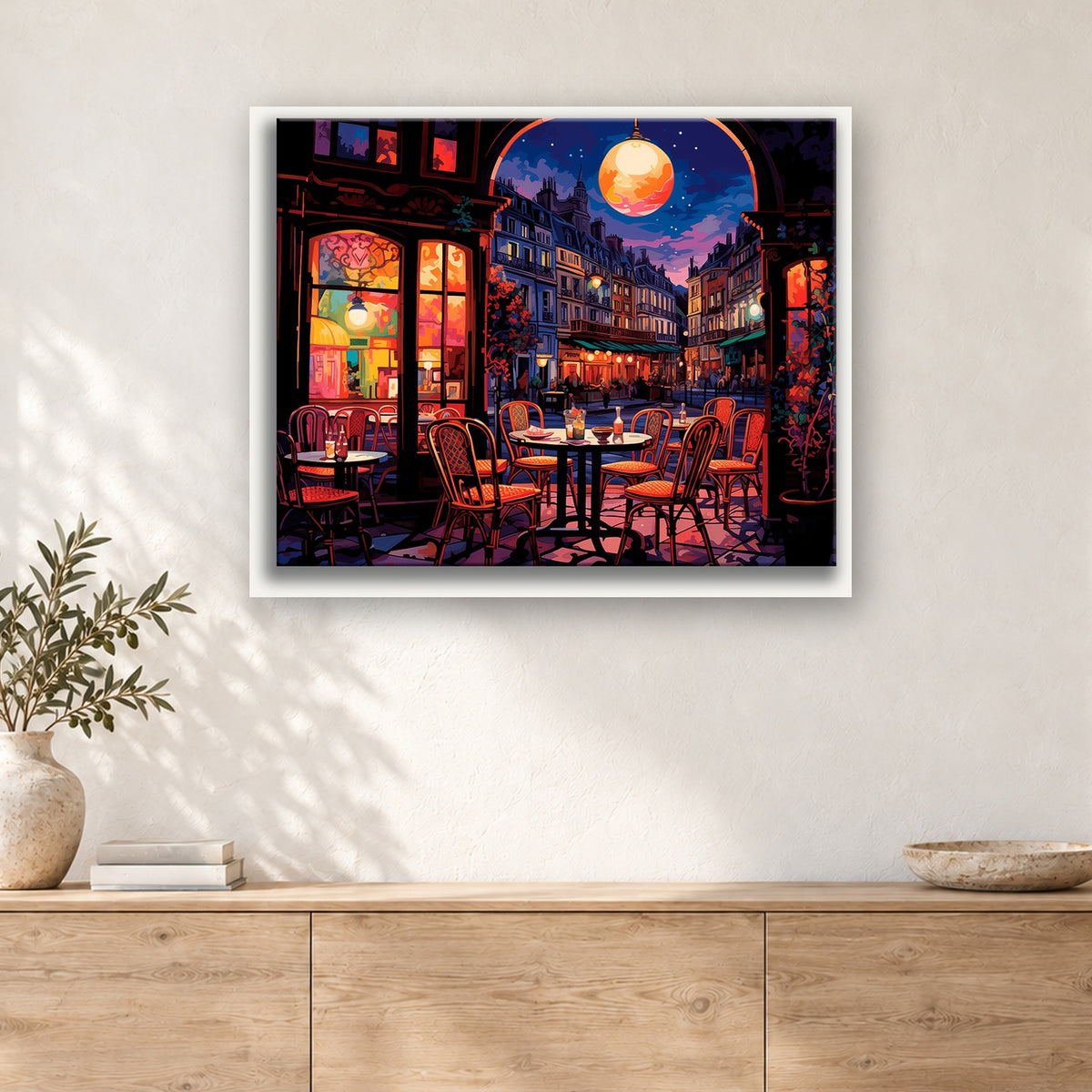 Tableau peinture par numéro Terrasse au Clair de Lune accroché dans un intérieur décoré, Maison Artsen