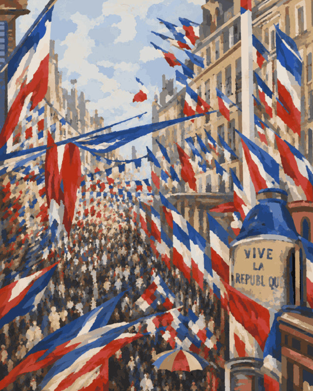 Peinture par numéro adulte Rue Pavoisée en Fête, visuel complet du design sur toile, Maison Artsen