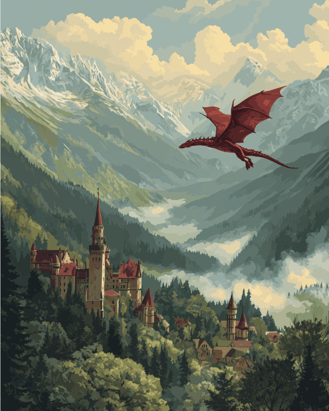 Peinture par numéro adulte Dragon sur la Vallée, visuel complet du design sur toile, Maison Artsen