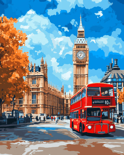Peinture par numéro adulte Bus Rouge à Westminster, visuel complet du design sur toile, Maison Artsen