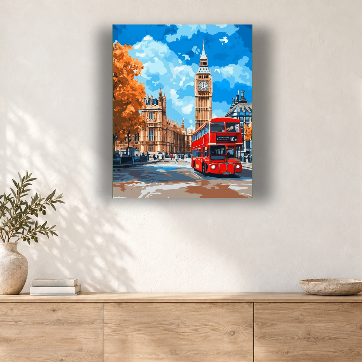 Tableau peinture par numéro Bus Rouge à Westminster accroché dans un intérieur décoré, Maison Artsen