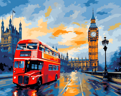 Peinture par numéro adulte Bus Londonien au Crépuscule, visuel complet du design sur toile, Maison Artsen