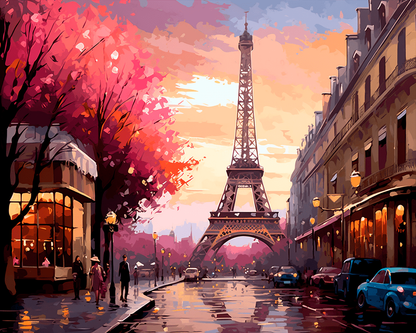 Peinture par numéro adulte Crépuscule Rose sur Paris, visuel complet du design sur toile, Maison Artsen