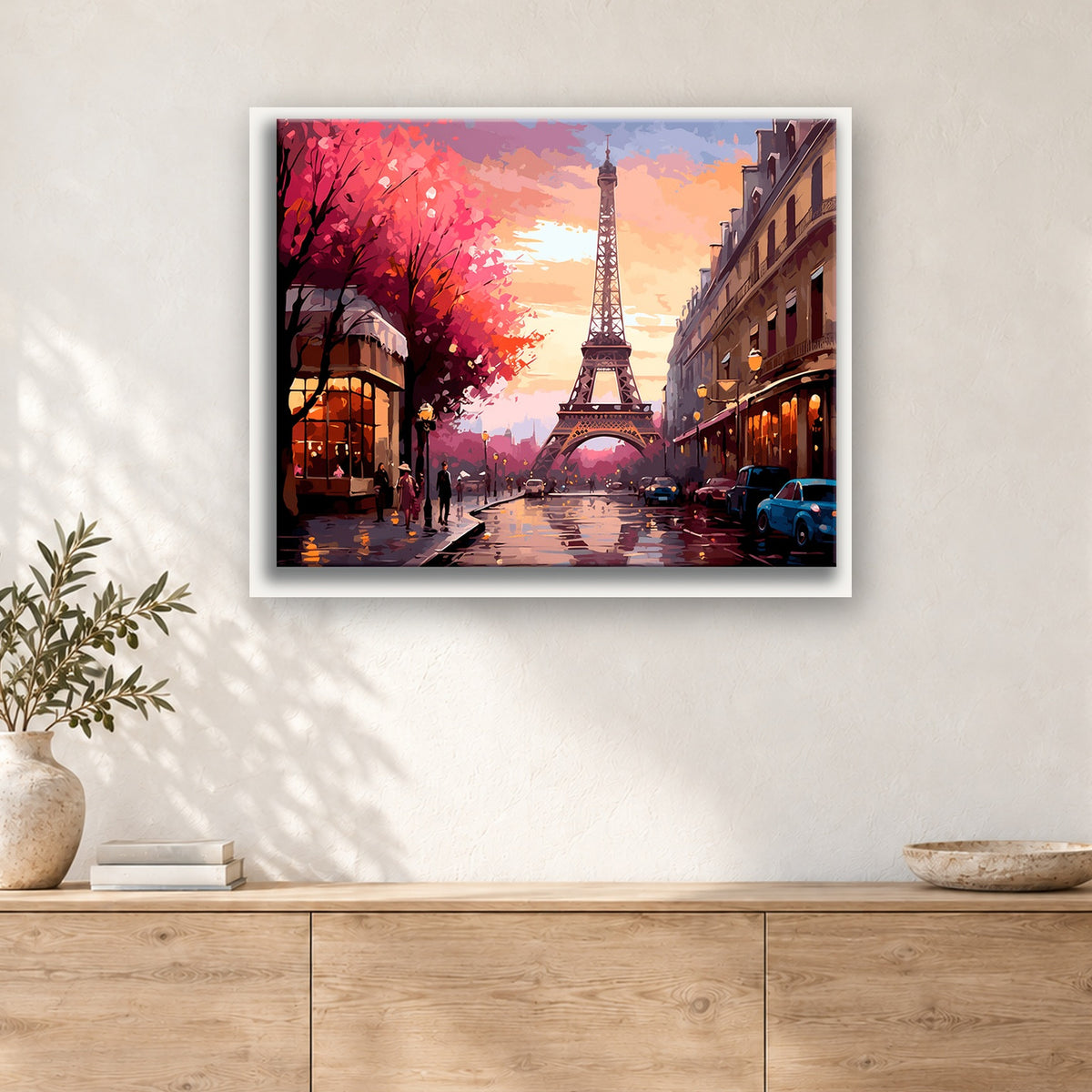 Tableau peinture par numéro Crépuscule Rose sur Paris accroché dans un intérieur décoré, Maison Artsen
