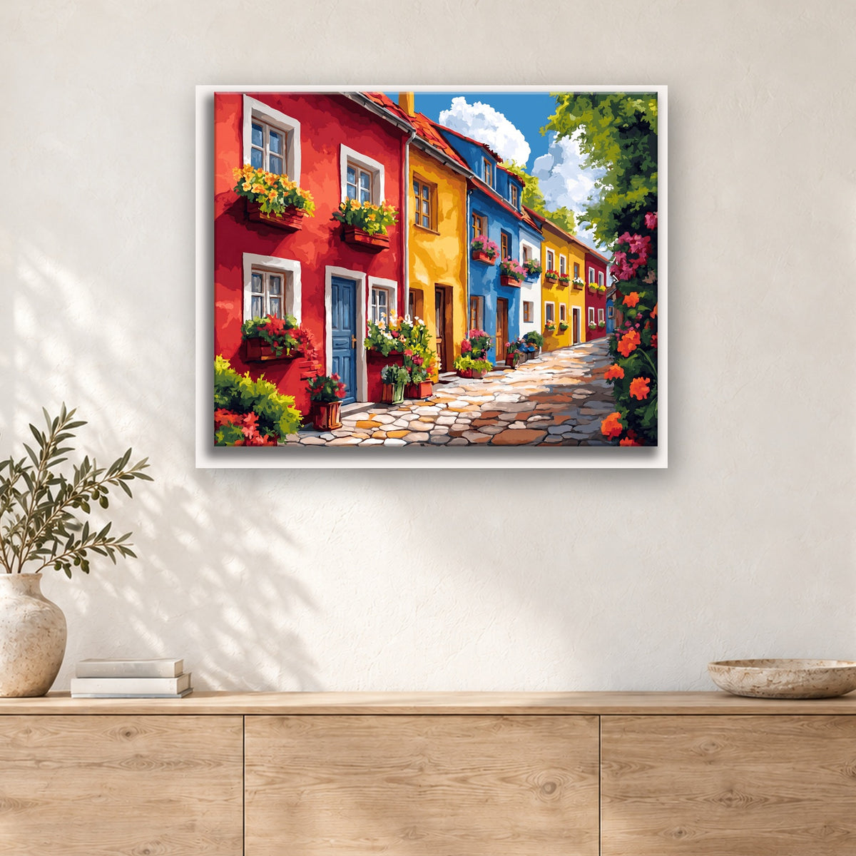 Tableau peinture par numéro Jardinières en Façade accroché dans un intérieur décoré, Maison Artsen