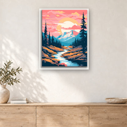 Tableau peinture par numéro Aube Rose sur la Vallée accroché dans un intérieur décoré, Maison Artsen
