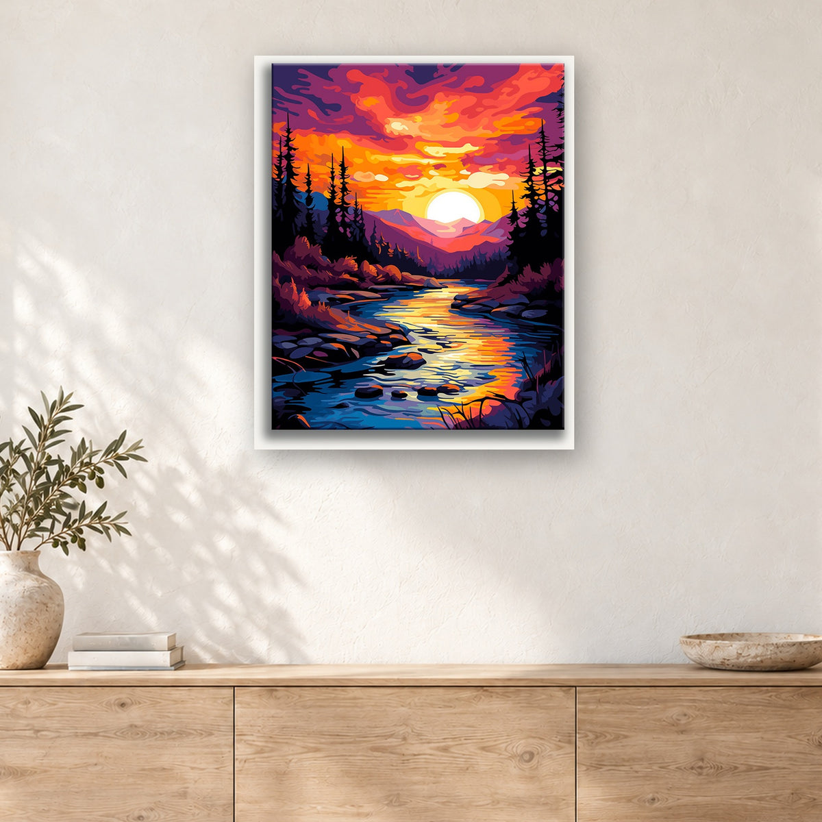 Tableau peinture par numéro Rivière au Ciel de Feu accroché dans un intérieur décoré, Maison Artsen