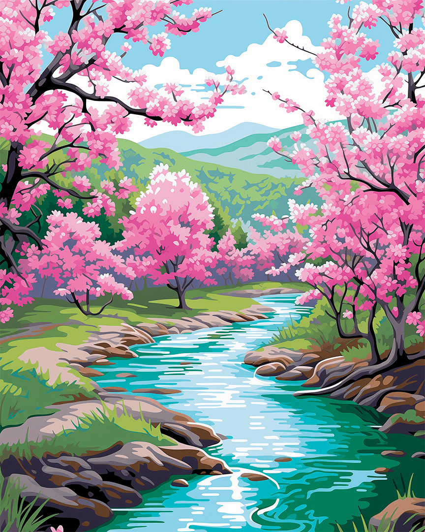 Peinture par numéro adulte Ruisseau des Arbres Fleuris, visuel complet du design sur toile, Maison Artsen