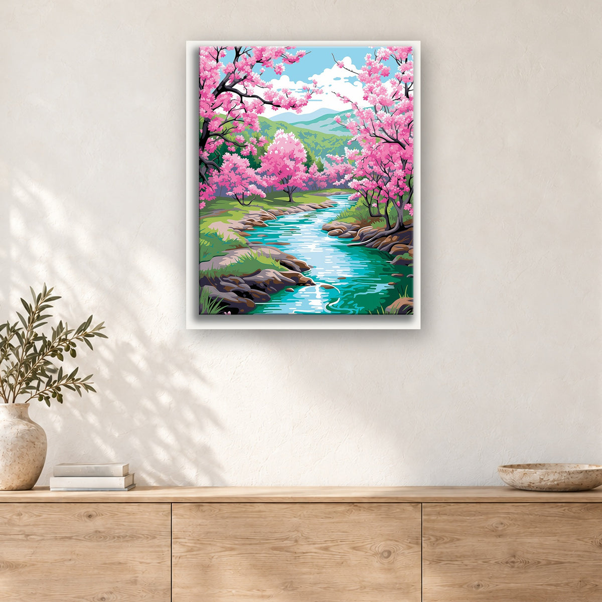 Tableau peinture par numéro Ruisseau des Arbres Fleuris accroché dans un intérieur décoré, Maison Artsen