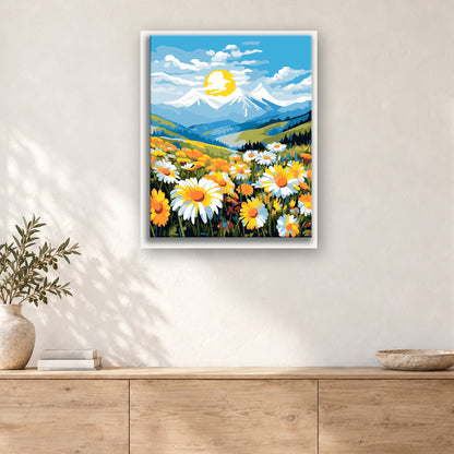 Tableau peinture par numéro Marguerites des Alpages accroché dans un intérieur décoré, Maison Artsen
