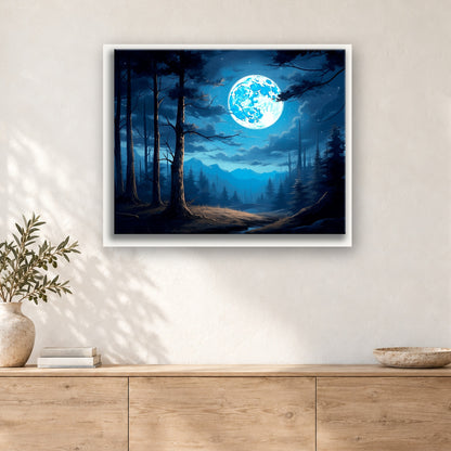 Tableau peinture par numéro Forêt sous la Pleine Lune accroché dans un intérieur décoré, Maison Artsen
