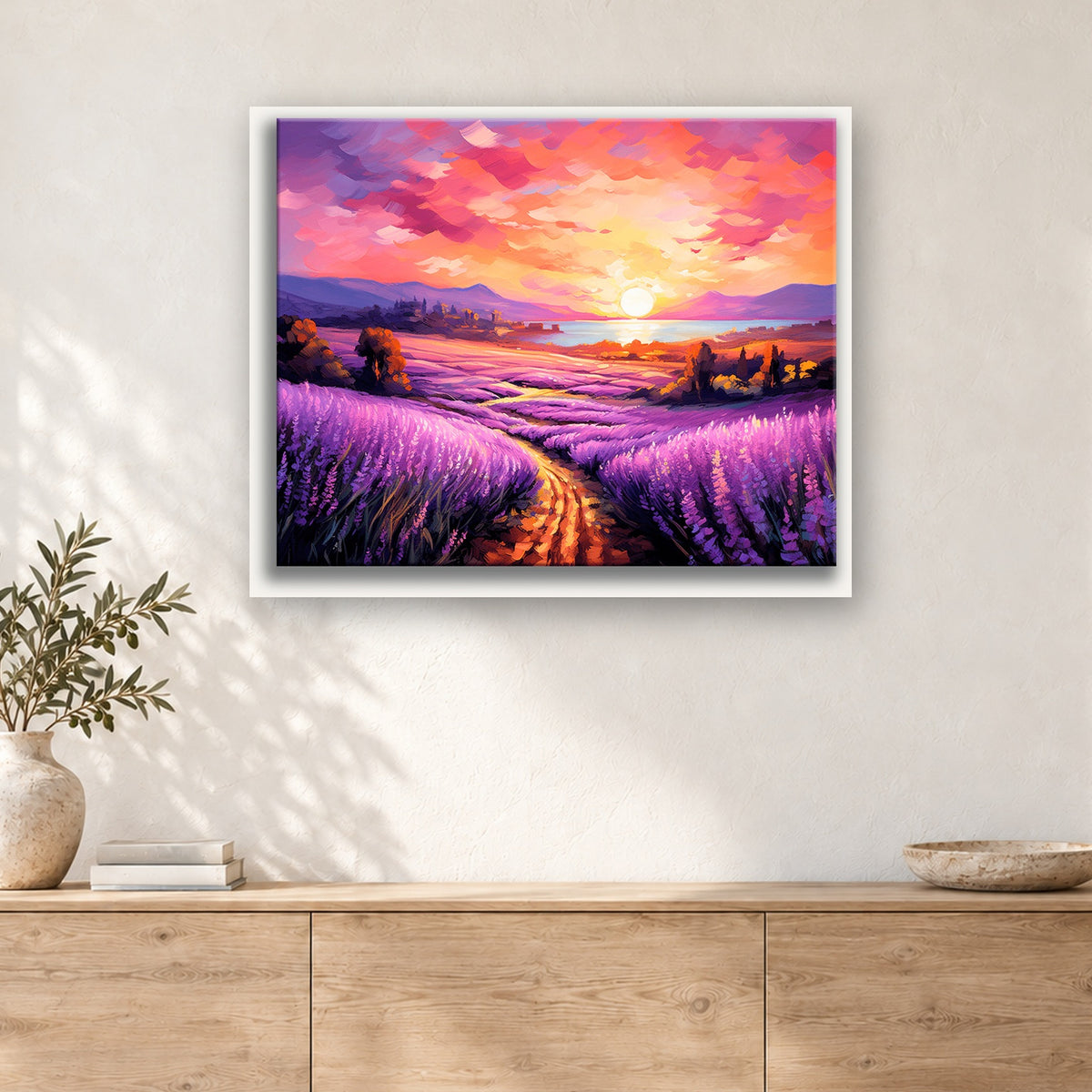 Tableau peinture par numéro Champs de Lavande au Couchant accroché dans un intérieur décoré, Maison Artsen