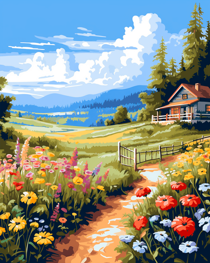 Peinture par numéro adulte Chemin Fleuri vers le Chalet, visuel complet du design sur toile, Maison Artsen