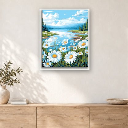 Tableau peinture par numéro Marguerites au Bord de l'Eau accroché dans un intérieur décoré, Maison Artsen