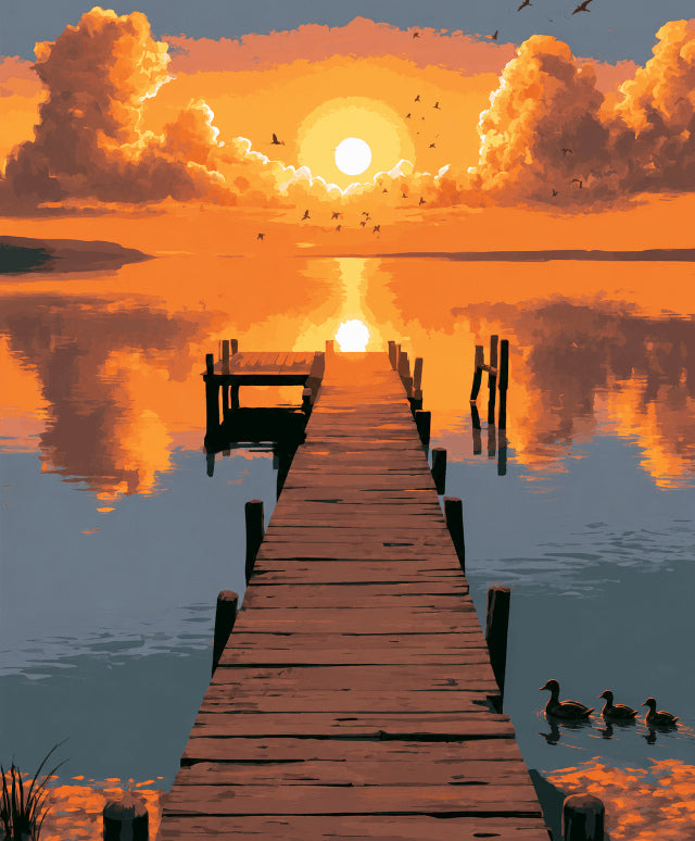 Peinture par numéro adulte Canards au Ponton Doré, visuel complet du design sur toile, Maison Artsen