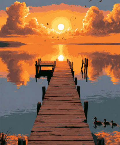Peinture par numéro adulte Canards au Ponton Doré, visuel complet du design sur toile, Maison Artsen