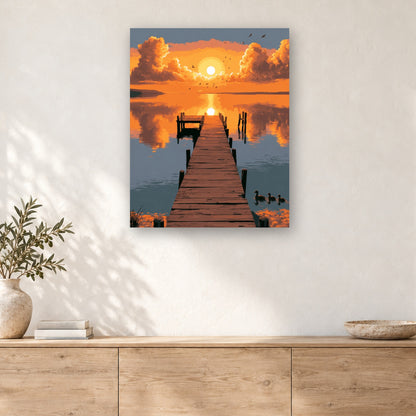 Tableau peinture par numéro Canards au Ponton Doré accroché dans un intérieur décoré, Maison Artsen