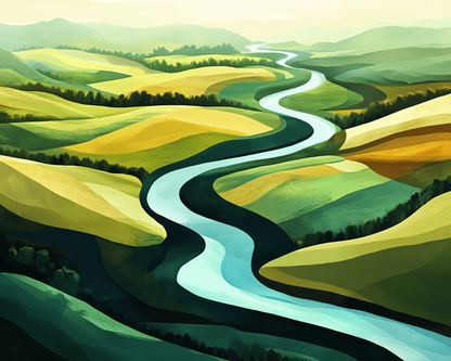 Peinture par numéro adulte Rivière entre les Collines, visuel complet du design sur toile, Maison Artsen