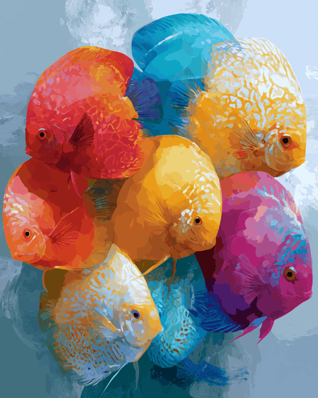 Peinture par numéro adulte Banc de Poissons Disques, visuel complet du design sur toile, Maison Artsen