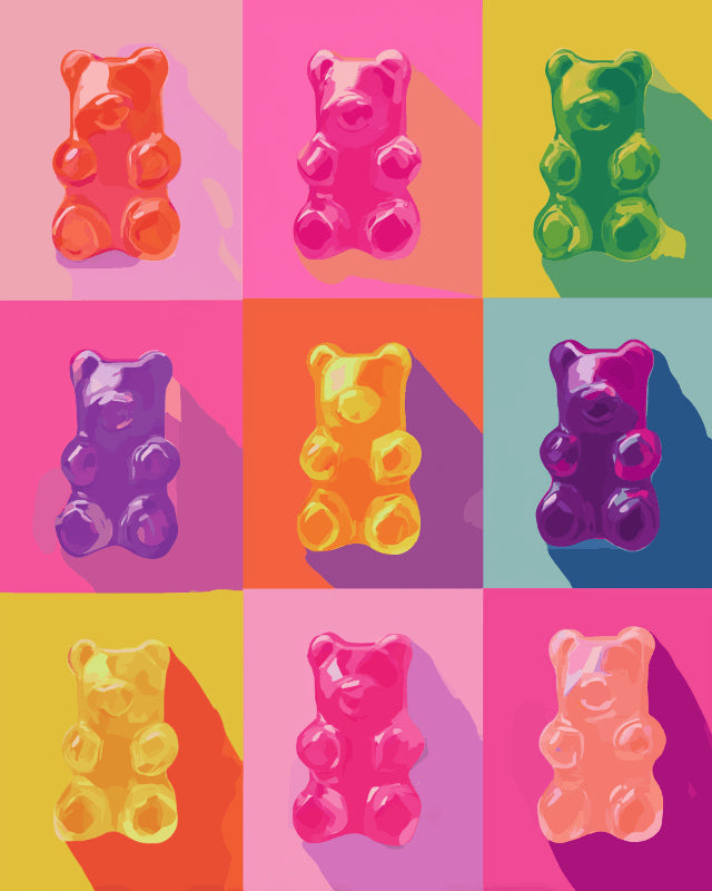 Peinture par numéro adulte Oursons en Gélatine, visuel complet du design sur toile, Maison Artsen