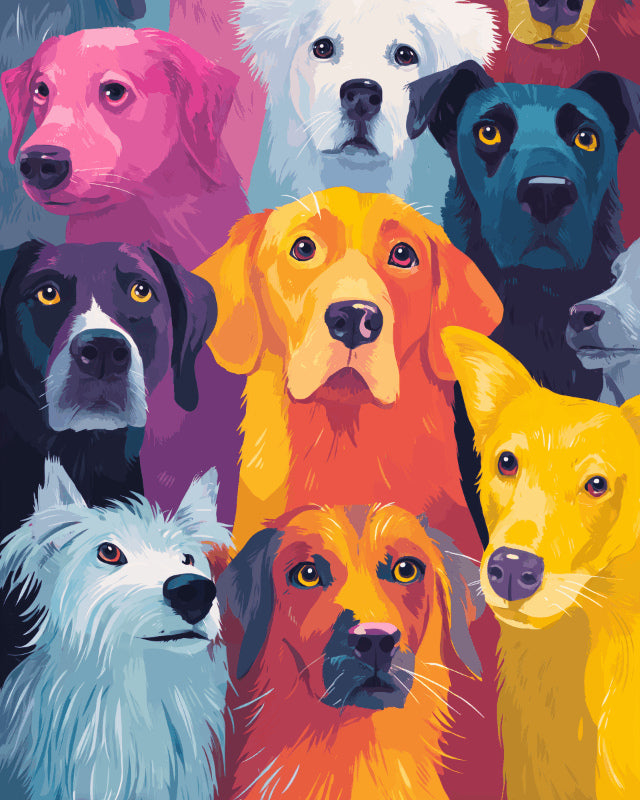 Peinture par numéro adulte La Bande de Chiens, visuel complet du design sur toile, Maison Artsen